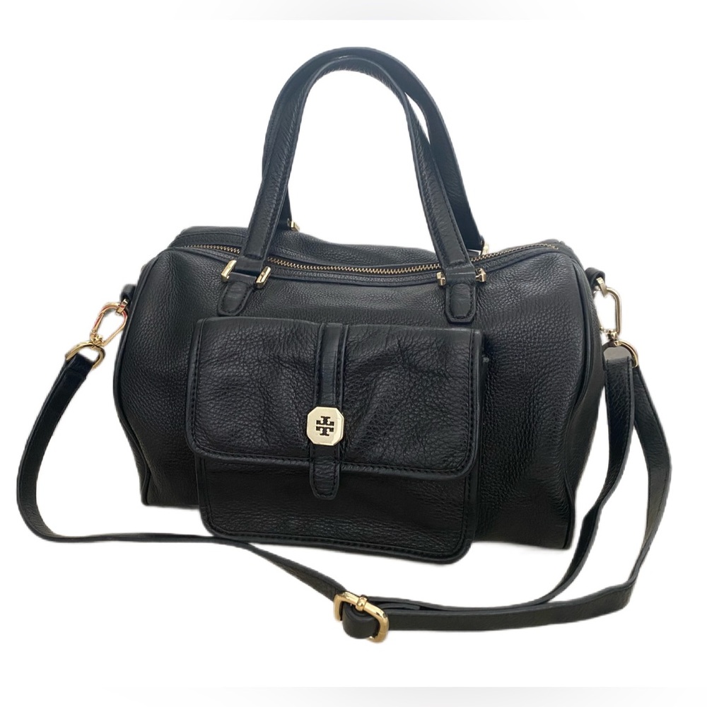 Tory Burch Clay Satchel Handbag/Accessories Black Leather Gold Hardware